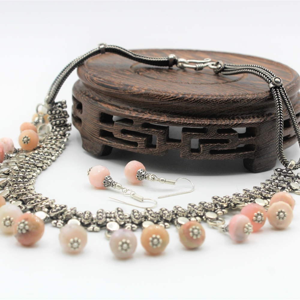 Pink opal beaded bib necklace set